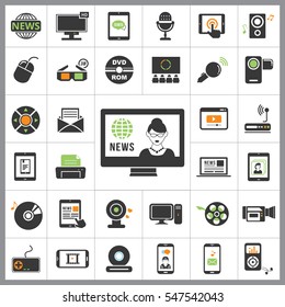 Set of Multimedia Icons. Contains such Icons as Player, 3D, Printer, Microphone, Monitor, Webcam, News, Smartphone and more. Editable Vector. Pixel Perfect.