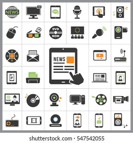 Set of Multimedia Icons. Contains such Icons as Player, 3D, Printer, Microphone, Monitor, Webcam, News, Smartphone and more. Editable Vector. Pixel Perfect.
