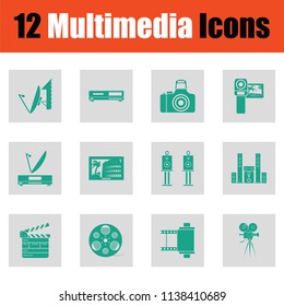 Set of multimedia icons. Green on gray design. Vector illustration.