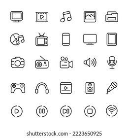 Set of multimedia icons with linear style isolated on white background