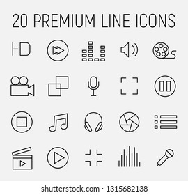 Set of multimedia icons in modern thin line style. High quality black outline audio and video symbols for web site design and mobile apps. Simple linear media pictograms on a white background