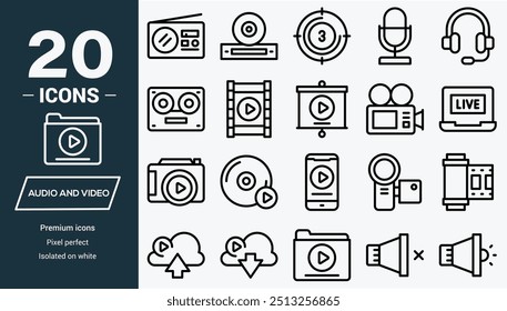 Set of multimedia icons in modern thin line style. High quality black outline audio and video symbols for web site design and mobile apps. Simple linear media pictograms on a white background.