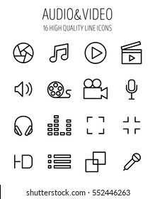 Set of multimedia icons in modern thin line style. High quality black outline audio and video symbols for web site design and mobile apps. Simple linear media pictograms on a white background.