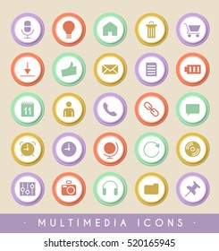 Set of Multimedia Icons on Colored Buttons. Vector Isolated Elements.