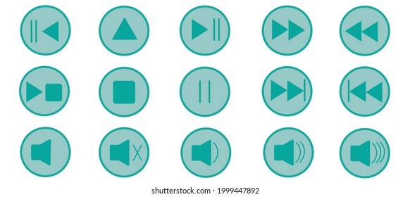 A set of multimedia icons, icons of the playback line, increase, decrease the sound, rewind, forward isolated on a white background