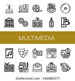 Set of multimedia icons such as Share, Theatre, Laptop, Buttons, Film strip, Vga, Digital business, Remote control, Cd, Video camera, Music book, Television, Theater , multimedia