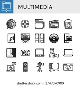 Set of multimedia icons. Such as Share, Film, Film roll, Graphic tablet, Clapperboard, Popcorn, Music book, Cd, Cassette, Journal, Camera, Laptop, Paparazzi , multimedia icons