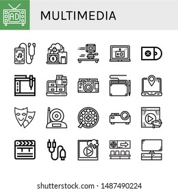 Set of multimedia icons such as Television, Music player, Devices, Camera, Laptop, Cds, Graphic tablet, Theater, Film, Projector, Video, Clapper, Jack connector, Movie , multimedia