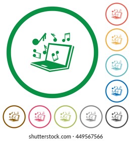 Set of Multimedia laptop color round outlined flat icons on white background