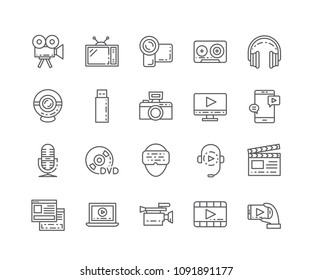 Set of Multimedia outline icons isolated on white background. Editable stroke. 64x64 Pixel Perfect.