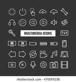 Set of multimedia outline icons. Thin icons for print, web, mobile apps design