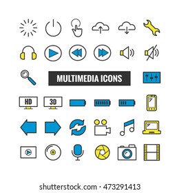 Set of multimedia outline icons. Thin icons for print, web, mobile apps