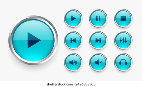 set of multimedia player icon with metallic border design vector