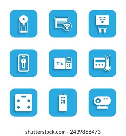 Set Multimedia and TV box receiver, Remote control, Web camera, Thermostat, Smart bathroom scales, key, electric plug and coffee machine icon. Vector