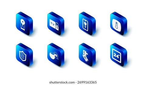 Conjunto Multimedia y receptor de TV, llave inteligente, termostato, cerradura de puerta digital, asistente de voz, huella digital e icono de máquina de café. Vector