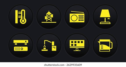 Set Multimedia and TV box, Table lamp, Robotic robot arm hand factory, Smart Tv, Radio, Antenna, Electric kettle and Meteorology thermometer icon. Vector