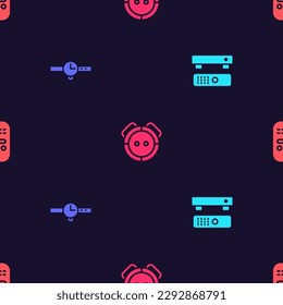 Set Multimedia and TV box, Wrist watch, Robot vacuum cleaner and Remote control on seamless pattern. Vector