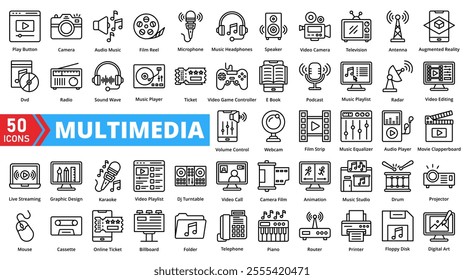 Set of multimedia web icons in line style. Containing media, audio, video, graphic, photo, image, animation, design, music, file