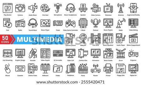 Set of multimedia web icons in line style. Containing media, audio, video, graphic, photo, image, animation, design, music, file