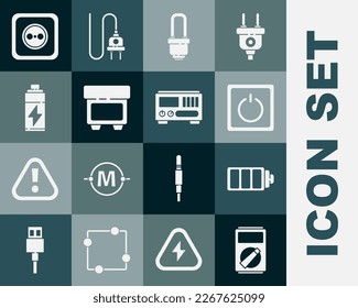 Set Multimeter, Battery charge level indicator, Electric light switch, LED bulb, Fuse, Electrical outlet and measuring instruments icon. Vector