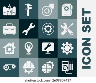 Set Multimeter, Gear and arrows as workflow, Screwdriver wrench spanner, process, Wrench, Toolbox, Graphing paper compass and  icon. Vector