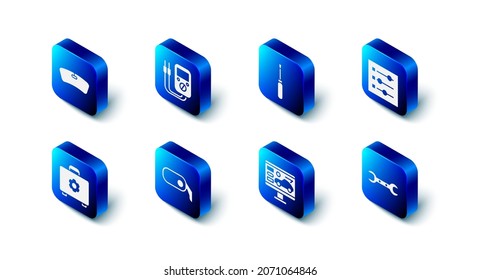 Set Multimeter, Screwdriver, Car settings, Wrench spanner, Diagnostics condition of car, rearview mirror, Toolbox and Windshield icon. Vector