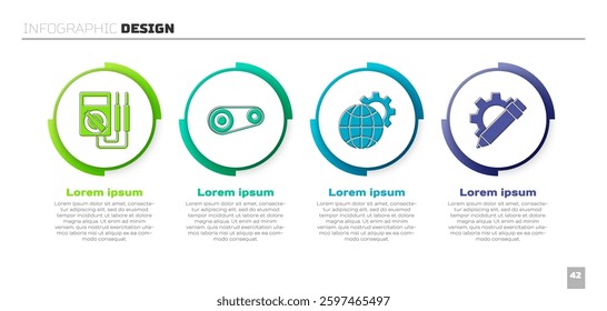 Set Multimeter, Timing belt kit, Globe of the Earth and gear and Pencil and gear. Business infographic template. Vector