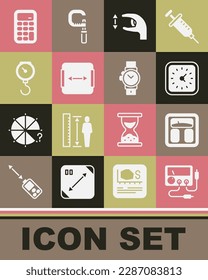 Ajuste multímetro, voltímetro, báscula de baño, reloj, medidas aproximadas, área, mecánico de resorte de mano, icono de reloj de pulsera y calculadora. Vector