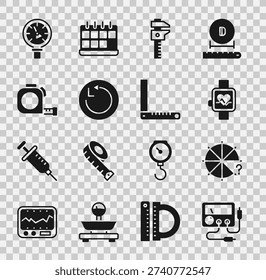 Set Multimeter, voltmeter, Circle of pieces, Smart watch, Calliper or caliper and scale, Radius, Roulette construction, Pressure water and Corner ruler icon. Vector