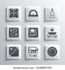 Set Multimeter, voltmeter, Radius, Scales, Area measurement, Diagonal measuring, Route location,  and Drawing compass icon. Vector