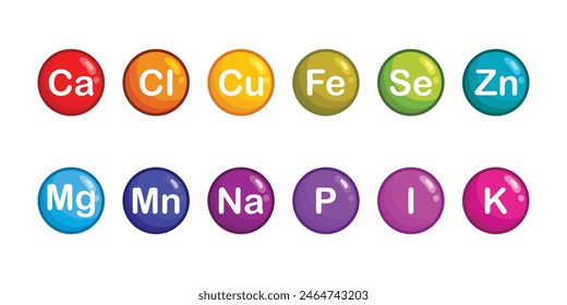 Set of multimineral complex icons, mineral supplement Ca, CI, Cu, Fe, I, K, Mg, Mn, Na, P, Se, Zn.