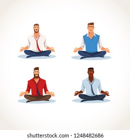 Set of Multinational Businessman, Office Worker Sitting in Lotus Pose and Meditating Flat Vector Illustration Isolated on White. Business People Practicing Yoga for Strength Recovery and Stress Relief