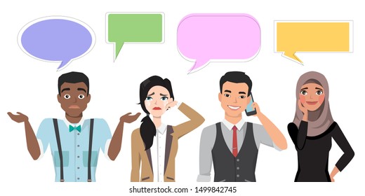 Set of multinational characters speaking with speech bubble. People in a cartoon style experiences different emotions.