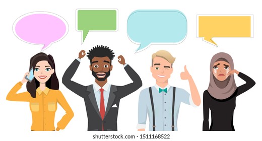 Set of multinational characters speaking with speech bubble. People in a cartoon style experiences different emotions.