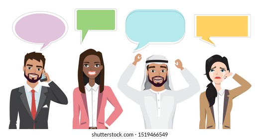 Set of multinational characters speaking with speech bubble. People in a cartoon style experiences different emotions.