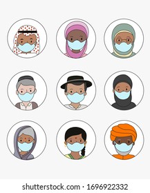 Conjunto de múltiples avatares de personas que usan mascarillas de salud para proteger el virus de la corona - mujeres musulmanas que usan máscaras, personas religiosas que usan mascarillas, indios que usan máscaras. 
