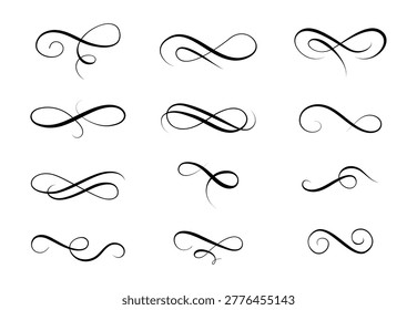 Set of multiple black calligraphic swirls and flourishes on white background, decorative borders and ornamental scroll elements. Vector illustration