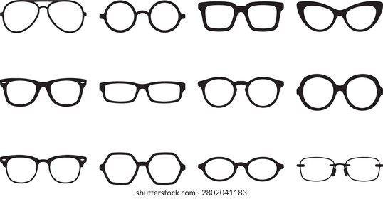 A set of multiple black glasses and sunglasses with different shapes and styles, arranged in rows on a clean white background