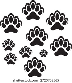 Conjunto de múltiples impresiones de patas de animales de silueta negra en diferentes tamaños que representan la naturaleza salvaje o la actividad de mascotas de fondo aislado