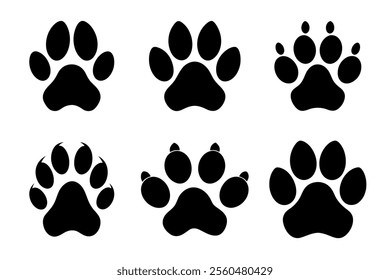 Set of Multiple Black Silhouette Paw Prints on White Background