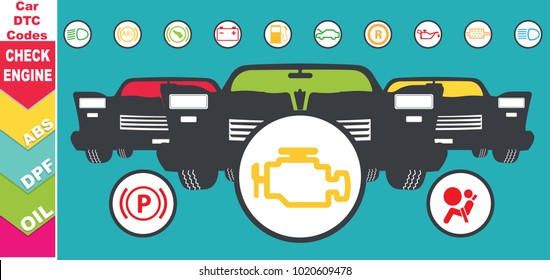 Set of multiple car instrument cluster icons: Check engine car light, ABS, Oil, Parking, Battery, DPF, Bonnet, Fuel, Airbag DTC codes, in front of 3 american muscle car, indicates mechanical problems 