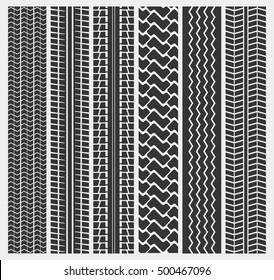 Set of multiple car tire or motorcycle, truck tyre patterns. Lorry trail or trace on dirty road or ground, asphalt, off-road rubber protector stamp or path texture. For motorsport or driving theme