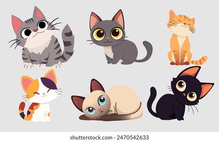 Set of multiple cats in various poses Siamese, Calico, Gray, Orange and more