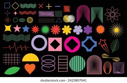Set of multiple colorful geometric shapes for Poster designs. Memphis design, retro elements for web, vintage, advertisement, commercial banner, poster, leaflet, billboard, sale.