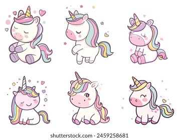 set of multiple cute unicorn cartoon in pastel colors. girl kid elements for fun birthday, t-shirt, sticker. printable design.