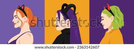 set of multiple girl face characters using devil horn headband, cat ear, goat horn in profile. halloween, avatar side view. flat vector illustration.
