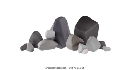 Set of multiple gray rocks in various shapes and sizes. Vector illustration of 3D rock icons with smooth surfaces and realistic textures. Perfect for natural, geological, and design projects