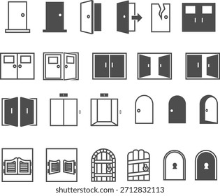 Um conjunto de vários ícones de porta aberta em estilo de vetor minimalista.
