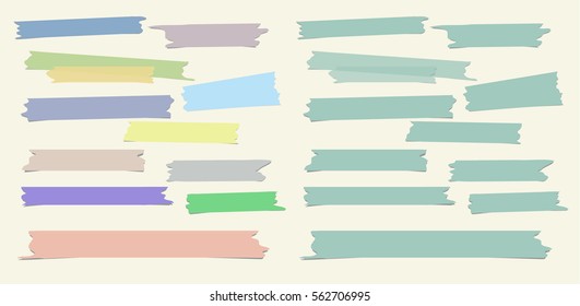 Set of multiple pieces of colorful and blue sticky tape in different shapes on light   background