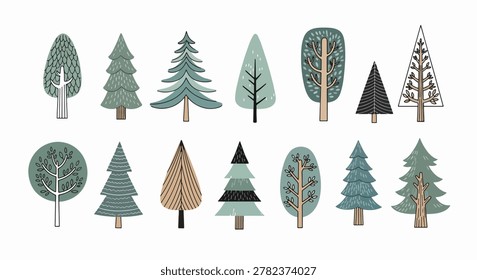 Set of multiple pine tree illustrations